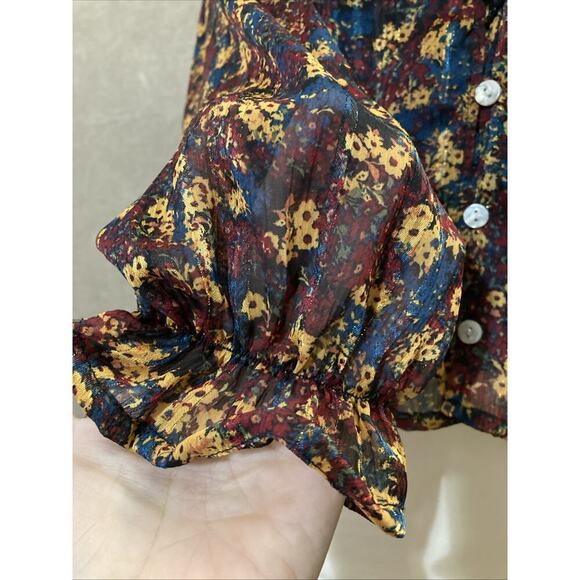 Frye Women’s Floral Button Up Blouse Sz S New Ruffle Western Peasant Red Gold - Picture 4 of 9